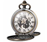 Kchss Relojes mecánicos de bolsillo con esfera de números romanos con caja y cadenas para hombres y mujeres, A-da. Bronce, blanco