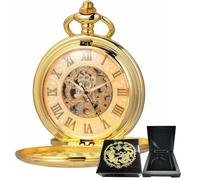 Kchss Relojes mecánicos de bolsillo con esfera de números romanos con caja y cadenas para hombres y mujeres, A-f. Oro + caja de madera