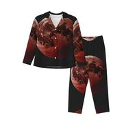 kdaerpt Elegante conjunto de pijama para mujer con estampado de luna roja y luna, ropa de descanso cálida para otoño/invierno, Negro, L