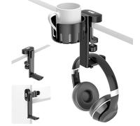 KDD 2 en 1 Soporte Cascos Gaming con Soporte Taza Escritorio - Soporte Auriculares Giratorio con Abrazadera Bajo el Escritorio - Soporte para Tazas de Café, Vasos de Agua, Auriculares(Negro)