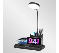 KDD Lámpara de Escritorio con Carga Inalámbrica - 4 en 1 Flexo LED Escritorio con Soporte Móvil & Portalápices, Regulable Lamparas de Mesita de Noche con Giratorio 360° para Hogar Oficina Dormitorios