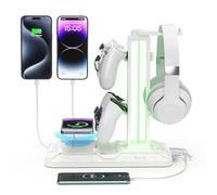 KDD LED Soporte Auriculares Gaming con Carga Inalámbrica, Soporte Mando PS5 & Soporte Cascos Universal con 2 Puertos USB & Tipo C & 9 Modos Luz para Escritorio Xbox Nintendo Accesorios Gaming, Blanco
