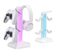 KDD Soporte Auriculares con 9 Modos de Luz, Soporte Mando para Escritorio, Soporte Cascos Gaming Giratorio y Gancho Controlador de Juegos Desmontable para PC Xbox One PS5 Accesorios Gaming(Blanco)