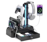 KDD Soporte Auriculares Gaming con Cargadores USB A Tip C, Soporte Cascos Gaming & Soporte Mandos PS5 Extraíble con Cajón para Móviles Tabletas para Escritorio Gamer Accesorios Gaming PC