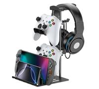 KDD Soporte Auriculares Gaming, Universal Soporte Mando & Porta Cascos Mesa con Organizador de Cables, Gancho Controlador con Barra de Apoyo de Aluminio para Switch Teléfono Accesorios Juego PC(Negro)