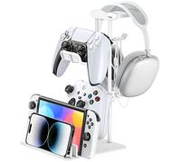 KDD Soporte Auriculares Gaming, Universal Soporte Mando & Porta Cascos Mesa con Organizador de Cables, Gancho Controlador con Barra de Apoyo de Aluminio para Switch Móvil Accesorios Juego PC(Blanco)