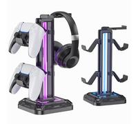 KDD Soporte Cascos Gaming con 9 Modos de Luz - Soporte Auriculares Giratorio & Soporte Mando Xbox Desmontable & LED Headphone Stand para Escritorio Juegos PS5 PS4 Accesorios Gaming PC (Negro)
