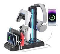 KDD Soporte Cascos Gaming con Ranuras para Teléfono -Soporte Mando con 9 Modos de Luz - Porta Auriculares Mesa con Puertos de Carga USB para Almacenamiento para Juegos Accesorios Gaming PC, Negro