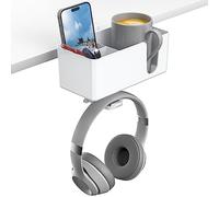 KDD Soporte Vaso Escritorio 4 en 1 con Soporte Auriculares - Gancho para Auriculares Giratorio Bajo Mesa con 2 Agujeros de Cables - Soporte Desmontable para Taza Móvil Bolígrafo (Blanco)