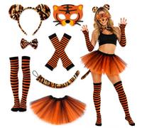 KDFSSIPE Accesorios Disfraz Tigresa Mujer, Tigresa Halloween para Mujer | Incluye Máscara Tutú Orejas de Peluche Cola y Guantes Ideal para Carnaval Cosplay Fiestas de Disfraces y Bailes de Máscaras