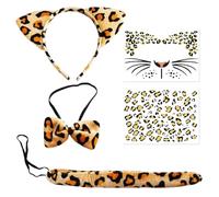 KDFSSIPE Conjunto De Disfraz De Leopardo 5 Piezas,Conjunto De Disfraz De Leopardos,Pegatina De Pajarita Con Orejas y Cola De Leopardo Tatuaje Estampado Para Carnaval Cosplay Temática Fiesta (A3)