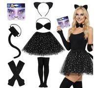 KDFSSIPE Disfraz de Animal,Disfraz Bonito para Mujer,Orejas Cebras Diadema Pajarita Cola de Cebras Cara Pegatinas Piedras Preciosas para Carnaval Halloween Animales Cosplay (gato negro)