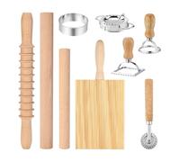 Kdouehg Juego de 9 Herramientas para Hacer Pasta, Rodillo de Madera, Tabla para Ñoquis, Cortador de Sellos para Ravioles, Rueda Cortadora de Masa