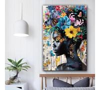KDOVOKD Mujer de belleza con flores, mariposas, cuadros artísticos de pared, mujer negra africana, pinturas en lienzo para sala de estar, decoración del hogar, 60x80cm (24x31in) con marco