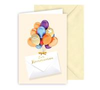 KE - Elegante tarjeta de dinero para comunión, tarjeta con sobre, vainilla, diseño: globos, carta, relieve dorado, troquelado, formato: B6