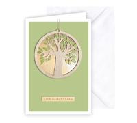 KE - Tarjeta de felicitación de lujo con círculo dorado y diseño de árbol - Perfecto para cumpleaños - Blanco con acabado de aluminio y parte de madera en cinta de yute