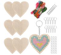 Keadic 64 kits de punto de cruz de madera de corazón, haz tus propios 10 llaveros de punto de cruz, kit de costura de madera, corazones de arte y manualidades, adornos de corazones, kit de bordado de