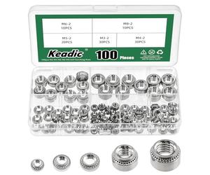 Keadic Juego de 100 tuercas autoadherentes, tuercas de remache de acero inoxidable de 5 tamaños, cierre de hardware de montaje de chapa de acero de cabeza redonda, juego de tuercas de remache M3/M4/M5