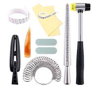 Keadic,Juego de 12 herramientas para medir anillos de joyería, mandril de anillo, anillo de madera, martillo de goma, barras de pulido, ágata pulida y bolsa de almacenamiento