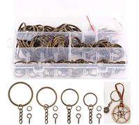 Keadic - Juego de 300 llaveros planos de bronce con cadena y tornillos para ojo, varios anillos para manualidades (chapado en níquel, 4 tamaños diferentes de 20/25/30/35 mm)