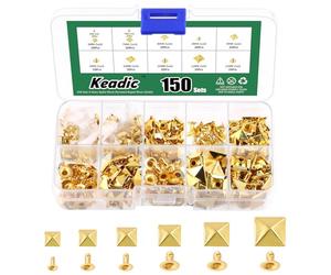 Keadic Juego surtido de 300 tachuelas doradas punk con funda de plástico, 6 mm/7 mm/8 mm/9 mm/10 mm/12 mm, remaches de pirámide cuadrados, decoraciones de cuero para manualidades, ropa, zapatos,