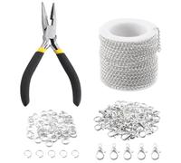 Keadic Kit de 102 cadenas para hacer joyas de 30 pies con collar de metal de 3 mm, cadena de eslabones trenzados, cierres de langosta, anillos abiertos y alicates de joyería para pulsera, aretes,