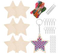 Keadic Kit de punto de cruz de madera de 64 piezas, haz tus propios 10 llaveros de punto de cruz, kit de costura de madera, estrellas y manualidades, adornos de corazones, kit de bordado de aguja de