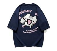 keadiseu Camiseta algodón Holgada Estampado Gato Flocado Letras - Azul - S