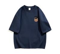 keadiseu Camiseta Holgada con Estampado Gato Negro de Bolsillo - Azul - 3XL