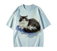 keadiseu Camiseta Holgada Estampado Gato Bicolor Estilo Pintura - Azul - M