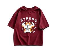 keadiseu Camiseta Holgada Estampado Gato Perezoso Corta - Rojo - M