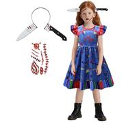keaiyouhuo Vestido de Muñeca de Terror de Halloween Niña Azul 3 Piezas Conjunto de Juego de rol Disfraz de Fiesta de Cumpleaños