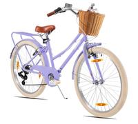 KEANO Poppy Bicicleta Infantil de 24 Pulgadas para niñas de 7 a 11 años, Bicicleta para niñas de 24 Pulgadas con 7 velocidades y Cesta, Morada