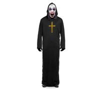 Kebedo Moda Disfraz de Monja Poseída de Película de Terror: Túnica Negra Máscara de Látex, Guantes y Cruz Halloween Carnaval
