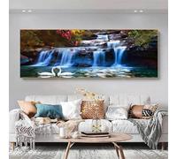 KEBIA Cascada Bosque Cisne Loto Lienzo Pintura Paisaje Moderno Carteles e Impresiones Arte de la Pared Imágenes Sala Decoración del Hogar 60x145cm Sin Marco