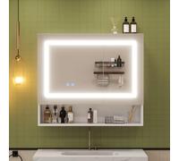 Kebnor 80 x 17 x 70 cm, armario con espejo de baño con doble puerta, deshumidificación de un botón, iluminación LED, estantes ajustables, superficie de melamina, bisagras con función de cierre suave