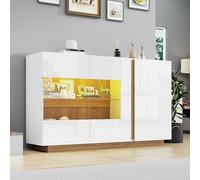 Kebnor Aparador de alto brillo, aglomerado blanco con vidrio, base de madera, cómoda armario de pasillo, 138 x 38 x 90,5 cm