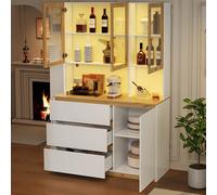 Kebnor Armario alto con iluminación LED - 120 × 200 cm con encimera extendida, mueble de pie multifuncional blanco y roble - vitrina de cristal, armario alto de cocina y estantería