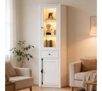 Kebnor Armario alto de 55 x 40 x 200 cm, vitrina con un cajón, vitrina de pie con 2 puertas de armario, vitrina de cristal con LED, color blanco, con asas de metal y aleación de aluminio