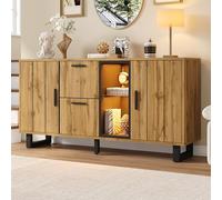 Kebnor Armario auxiliar, armario de salón con 2 cajones, armario con barra de luz LED, cómoda, aparador, 160 cm de ancho, color madera natural + negro, 160 x 40 x 73 cm