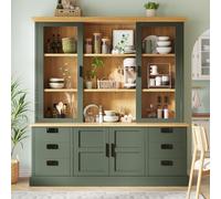 Kebnor Armario buffet alto de 185 cm, color verde oscuro, con vitrina de cristal, 6 cajones y puertas dobles, dispositivo antivuelco, estantes ajustables (verde oscuro)