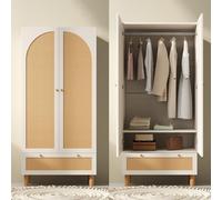 Kebnor Armario con 2 puertas y ratán, estilo rústico, color blanco, con cajón grande, estantes ajustables en altura y barra para ropa, incluye protección antivuelco, 180 x 85 x 52 cm (alto x ancho x