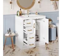 Kebnor Armario para lavabo con 3 cajones y estante lateral, armario para baño con mucho espacio, bisagras de cierre suave y lavabo de cerámica (blanco, 76,5 x 46,5 x 84,5 cm)