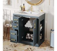 Kebnor Armario para lavabo con 3 cajones y estante lateral, armario para baño con mucho espacio, bisagras de cierre suave y lavabo de cerámica (azul, 76,5 x 46,5 x 84,5 cm)