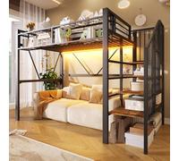 Kebnor Cama alta, cama de metal, estantería para niveles, elementos de rejilla, cesta de almacenamiento, espacio abierto debajo de la cama, con barra de luz LED, sin colchón (negro, 90 x 200 cm)