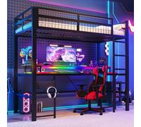 Kebnor Cama alta con marco de hierro con barra LED que cambia de color, con escritorio, 1 puerto USB + 1 conector tipo C y 2 tomas de corriente, con pared perforada, sin colchón (negro, 90 x 200 cm)