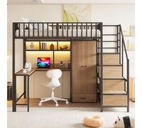 Kebnor Cama alta de metal de 140 x 200 cm con escritorio, estantería, armario y cajones, con escalera de almacenamiento y barandilla de seguridad, completa con toma de carga e iluminación LED (negro)