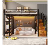 Kebnor Cama alta de metal de 140 x 200 cm con estante lateral abierto de líneas rectas, escalera de almacenamiento e iluminación LED, color negro, sin colchón