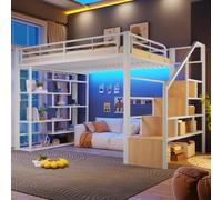 Kebnor Cama alta de metal de 140 x 200 cm con estante lateral abierto de líneas rectas, escalera de almacenamiento e iluminación LED, color blanco, sin colchón