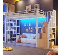 Kebnor Cama alta de metal de 90 x 200 cm con estante lateral abierto de líneas rectas, escalera de almacenamiento e iluminación LED, color blanco, sin colchón